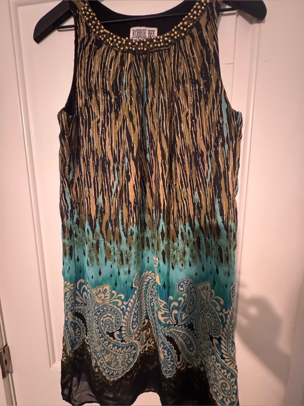 Robbie Bee Black Teal Olive Paisley Midi Dress with Studded Neckline